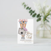 Carte de visite floral rose et bleu Denim (Debout devant)