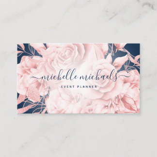 Carte De Visite Floral Rose Gold Navy Script moderne