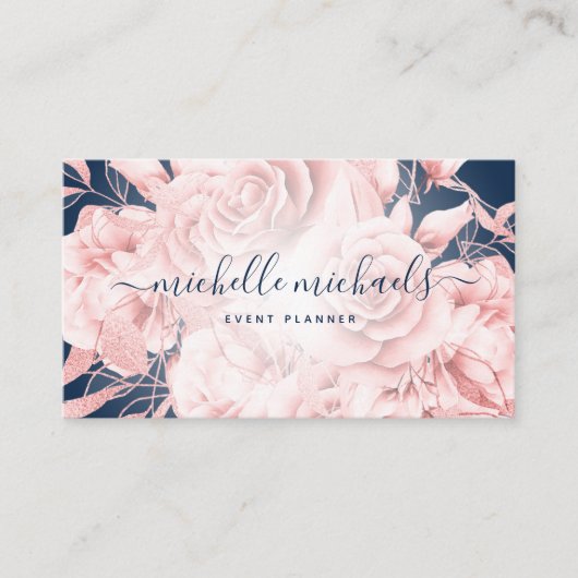 Carte De Visite Floral Rose Gold Navy Script moderne  (Devant)