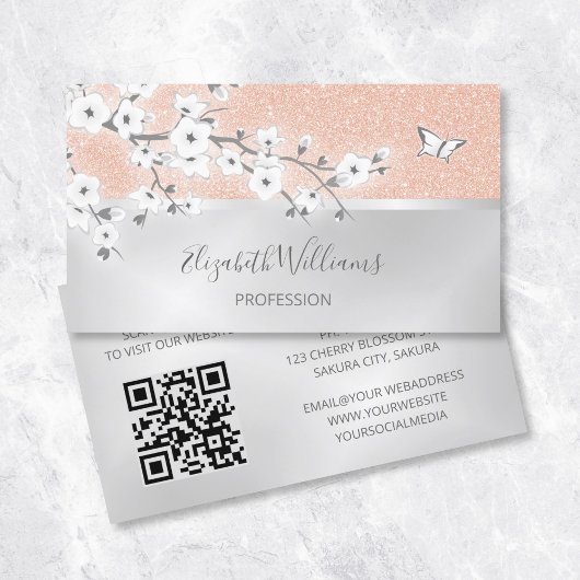 Carte De Visite Floral Rose Gold Parties scintillant argent QR Cod