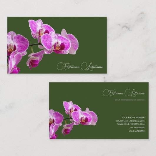 Carte De Visite Floral rose orchidée calligraphie vert foncé (Devant / Derrière)
