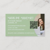 Carte De Visite Floral Script QR Code Design d'intérieur photo (Devant)
