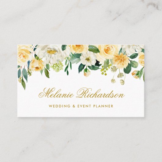 Carte De Visite Floral vert blanc élégant d'or jaune d'aquarelle (Devant)