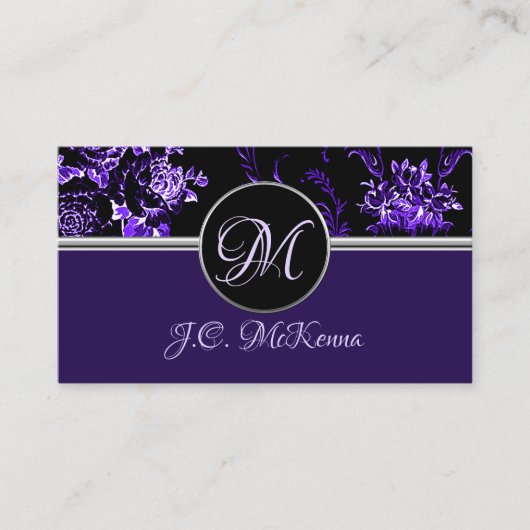 Carte de visite floral violet monogramme 2 (Devant)
