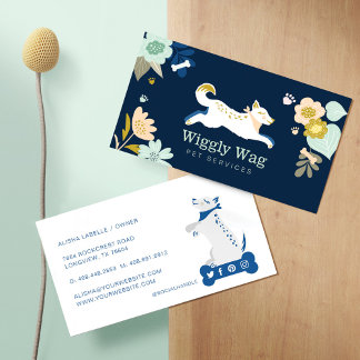 Carte De Visite Florale bleu marine chien services animaux