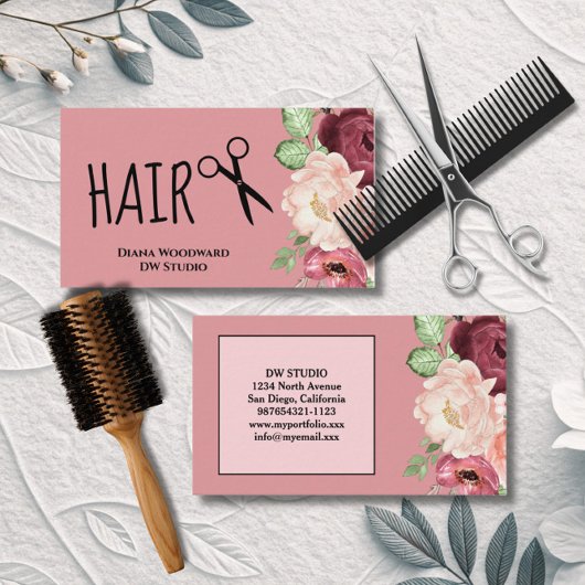Carte de visite florale rose pour coiffeur