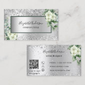 Carte De Visite Florales blanches en argent eucalyptus vert code Q (Devant / Derrière)