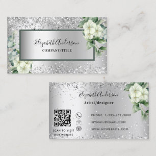 Carte De Visite Florales blanches en argent eucalyptus vert code Q