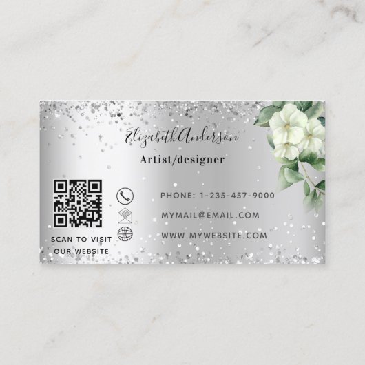 Carte De Visite Florales blanches en argent eucalyptus vert code Q (Dos)