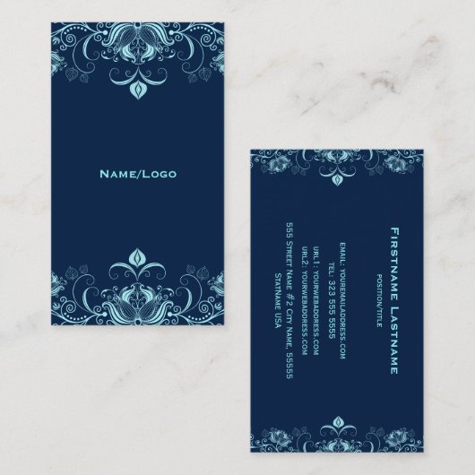 Carte De Visite Flore Bleu foncé et pastel (Devant / Derrière)