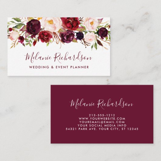Carte De Visite Flore d'aquarelle de Bourgogne moderne (Devant / Derrière)