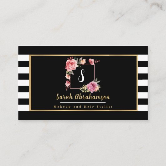 Carte De Visite Flore rayée noire et blanche moderne (Devant)