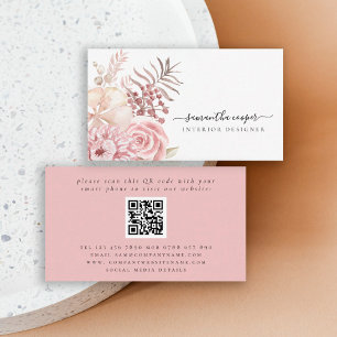 Carte De Visite Flore rose Dusty Code QR Concepteur intérieur