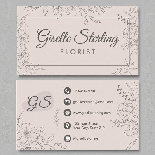 Carte De Visite Florisant Floral Blush Rose Floral Line Art