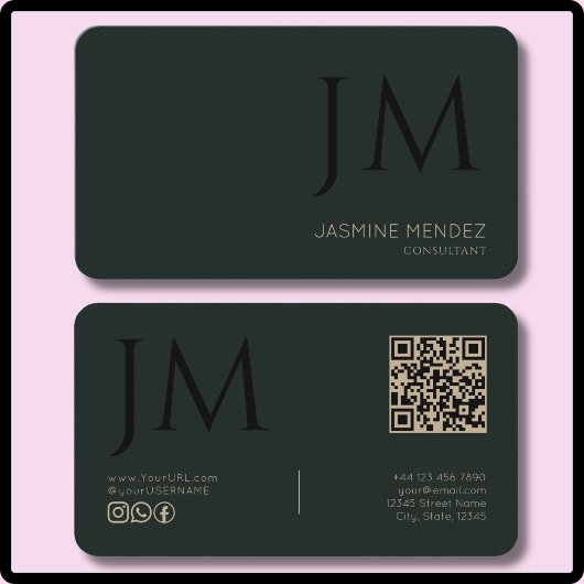 Carte De Visite Foncé Obsidienne Kaki Noir Monogramme Code QR Mode