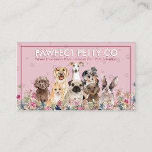 Carte De Visite Fond Rose Empreintes de Patte Aquarelle Chiens Fle