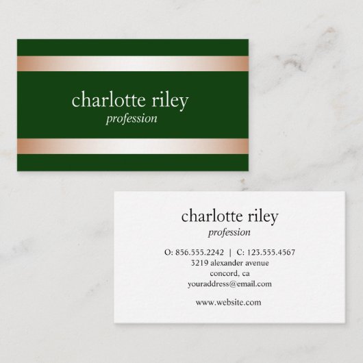 Carte De Visite Forest Green | Moderne Rose Gold Stripes élégant (Devant / Derrière)
