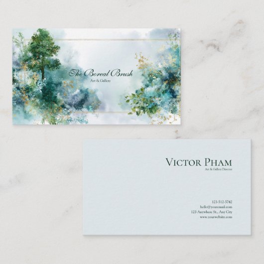 Carte De Visite Forêt enchantée Turquoise et or aquarelle (Devant / Derrière)