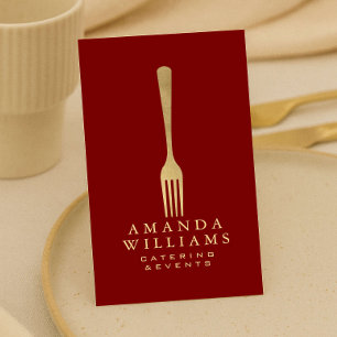 Carte De Visite Fourchette en Or Faux Moderne Logo Rouge Vertical 