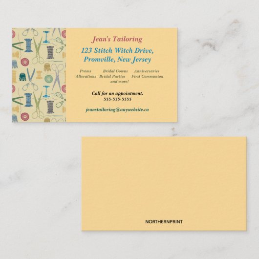 Carte De Visite Fournitures de couture modifiables Tailor Seamstre (Devant / Derrière)