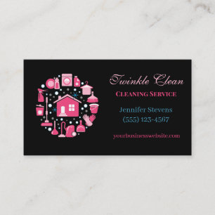 Carte De Visite Fournitures en noir et rose Service de nettoyage d