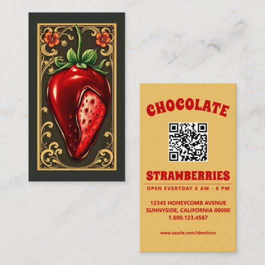 Carte De Visite fraise au chocolat avec code qr (Devant / Derrière)