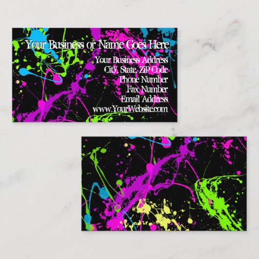 Carte De Visite Fresh Retro Neon Paint Splatter sur Black 80s Part (Devant / Derrière)