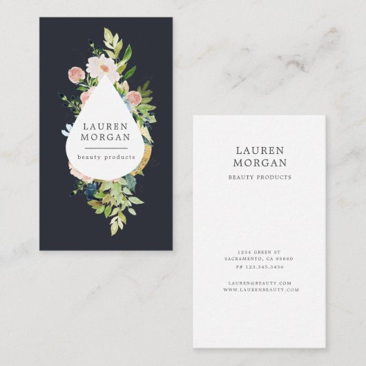 Carte De Visite frontière dorée florale bleu minuit (Devant / Derrière)