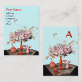 CARTE DE VISITE FRUITS DE SAISON ROSE BLEU, FLEURS, MONOGRAMME FEU (Devant / Derrière)