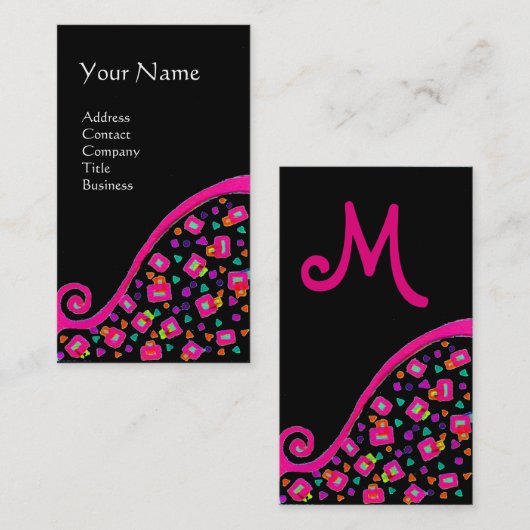 CARTE DE VISITE FUCHSIE ROSE NOIR DÉCO MONOGRAM ABSTRAIT (Devant / Derrière)