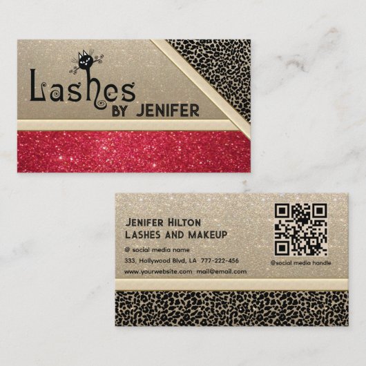 Carte De Visite Fun léopard scintillement chat noir lashes code QR (Devant / Derrière)