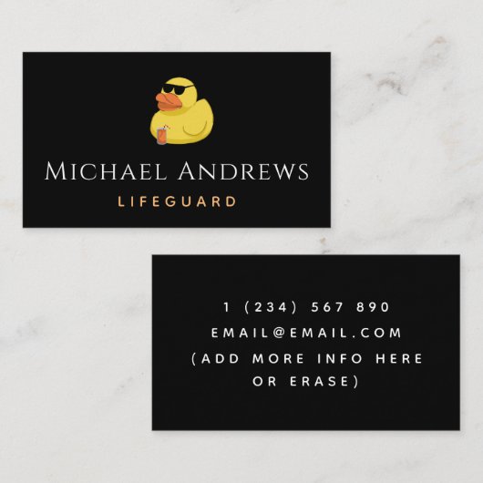Carte De Visite Funny Jaune Canard & Cocktail Lifeguard Beach Thèm (Devant / Derrière)