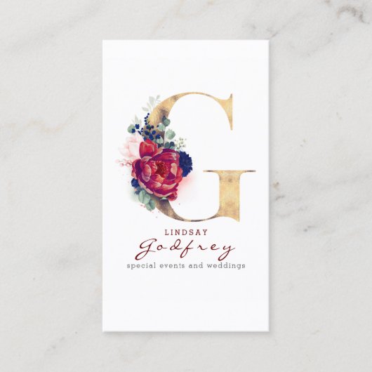 Carte De Visite G Monogram Burgundy Gold et Navy Blue Floral (Devant)