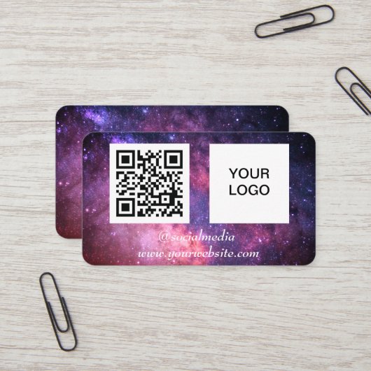 Carte De Visite Galaxy Space Médias sociaux QR Code Purple Modern (Devant/Arrière en situation)