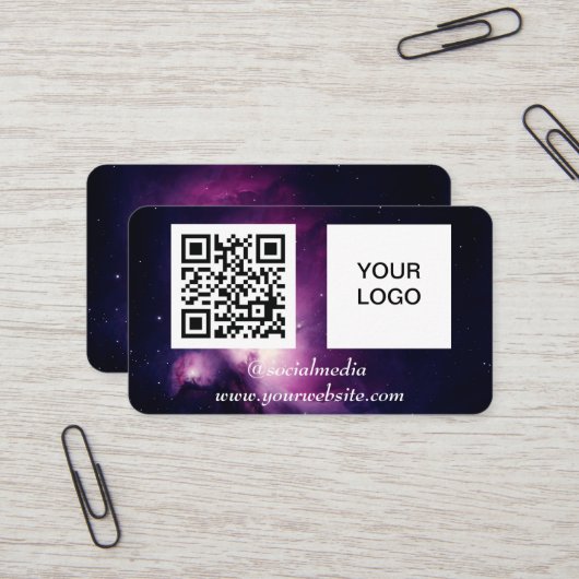 Carte De Visite Galaxy Space Médias sociaux QR Code Purple Modern (Devant/Arrière en situation)