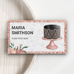 Carte De Visite Gâteau de boulangerie damassé noir rose gold paill