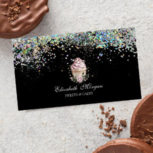 Carte De Visite Gâteau Floral Coloré Confettis, Noir