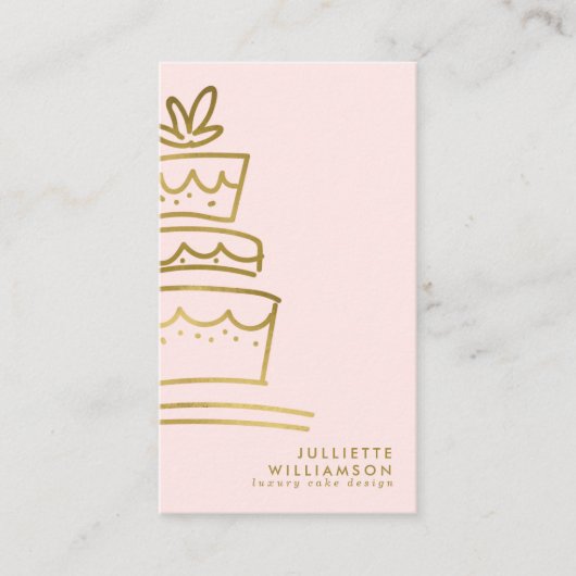 Carte De Visite Gâteau Mariage tiré à la main Blush & Gold (Devant)