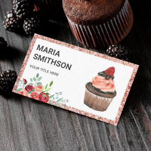 Carte De Visite Gâteau Rose Gold Rouge Floral Fraise Cupcake Boula