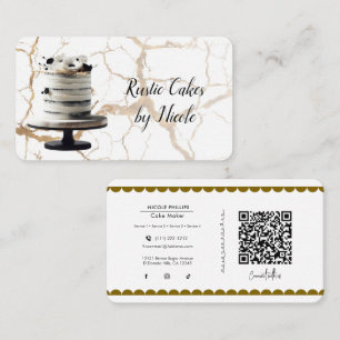 Carte De Visite Gâteau rustique blanc et noir Marbre QR Média soci