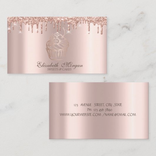 Carte De Visite Gâteaux Élégants Rose Gold Drips Pâtisserie (Devant / Derrière)