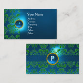 Carte De Visite GEMME DAMASSÉE CHIC  MONOGRAMME bleu vert (Devant / Derrière)