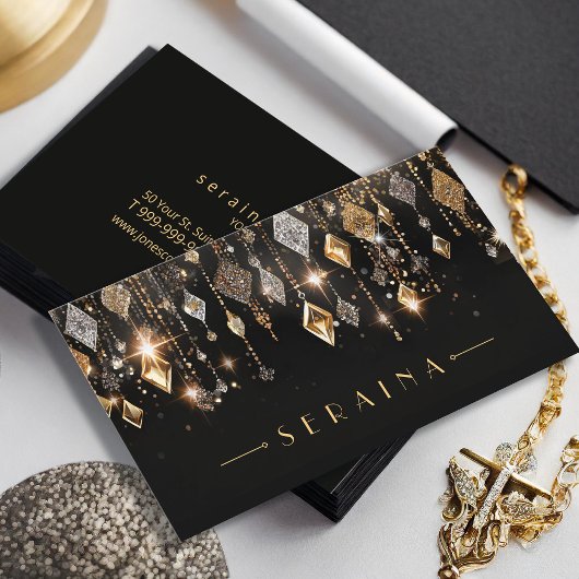 Carte De Visite Gemmes Boho Or et Argent sur Black ID1035