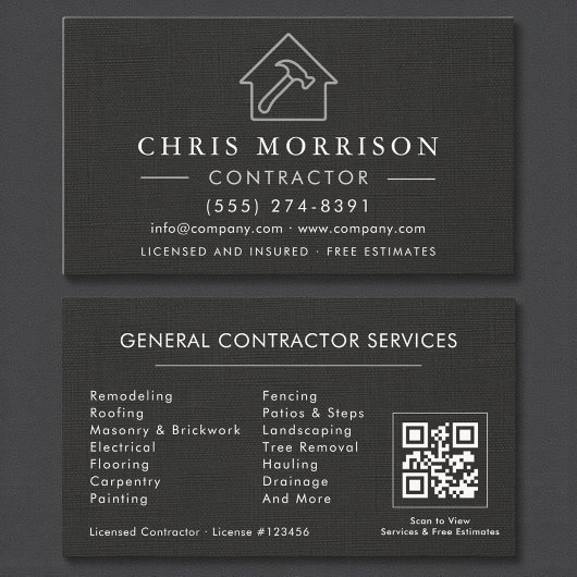 Carte De Visite General Construction Black Silver Linen QR Code