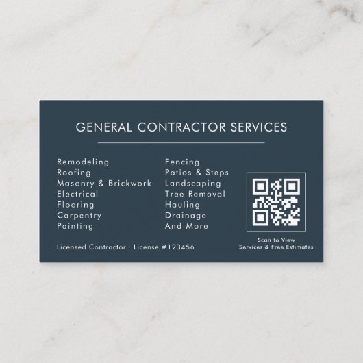 Carte De Visite General Construction Blue Silver QR Code (Dos)