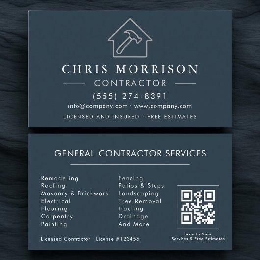 Carte De Visite General Construction Blue Silver QR Code