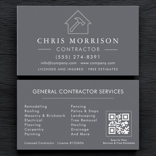 Carte De Visite General Construction Gray Silver QR Code
