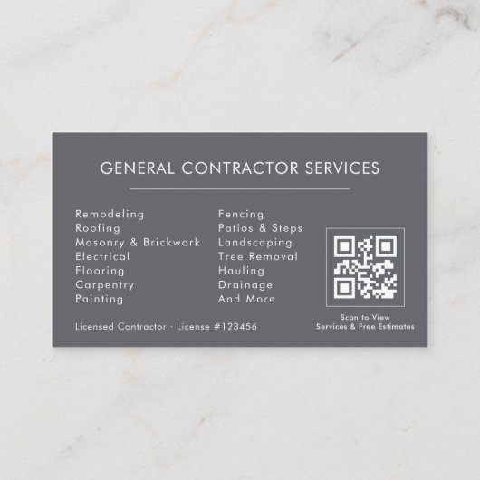 Carte De Visite General Construction Gray Silver QR Code (Dos)