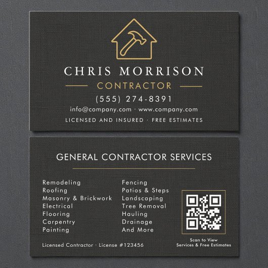 Carte De Visite General Construction Linen Black Gold QR Code