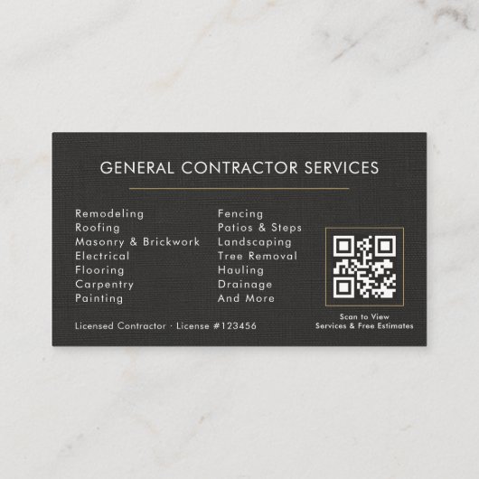 Carte De Visite General Construction Linen Black Gold QR Code (Dos)